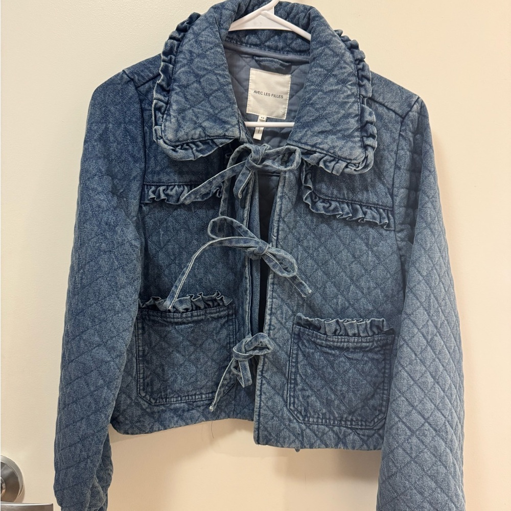 Avec Les Filles Quilted Denim Jacket with Ruffle Trim